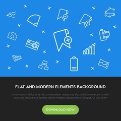 Poster - charts, mobile, photos, bookmarks outline vector icons and elements background concept on blue background.Multipurpose use on websites, presentations, brochures and more