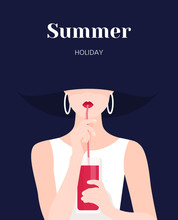 Portrait Of A Beautiful Woman. A Girl Drinks Juice Through A Straw. Rest At The Resort. Vector Flat Illustration