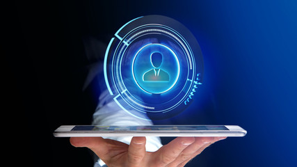 Poster - Businessman using a smartphone with a Shinny technologic network contact button  - 3d render