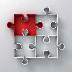 Aufkleber - One Red jigsaw puzzle piece stand out from the crowd different concept on white wall background with shadow. 3D rendering.