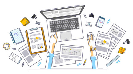 Fototapete - Business analysis, office worker or entrepreneur businessman working on a PC notebook and papers with financial analytics, top view of work desk with stationery and documents and hands. Vector.