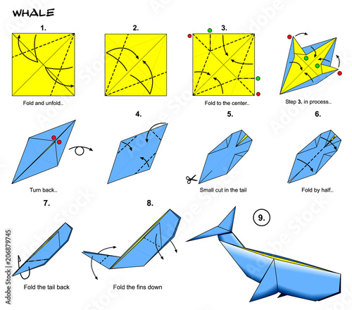 Origami whale diagram steps instructions paperfolding paper art Stock Illustration Adobe Stock