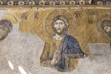 Byzantine mosaic of Jesus Christ found in Hagia Sophia in Istanbul, Turkey.