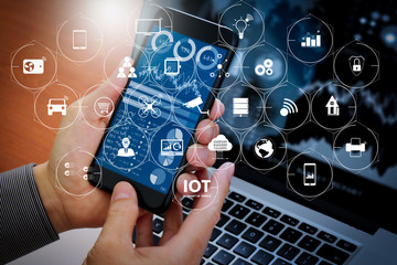 Poster - Internet of Things (IOT) technology with AR (Augmented Reality) on VR dashboard.  Investor  stock market report and financial dashboard with business intelligence (BI)