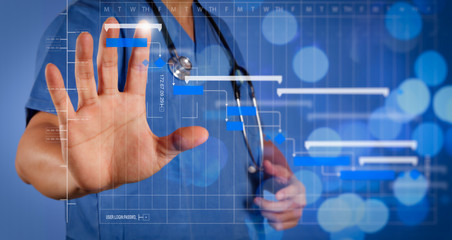 Poster - double exposure of success smart medical doctor working with abstract blurry bokeh  background as concept