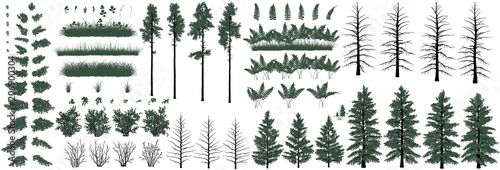 Fotomural Large set of realistic natural objects: trees, bushes, herbs and grass