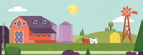 Countryside Landscape Horizontal Banner Or Header With Farm Barn