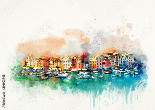 Fotografía Italy, Portofino. Watercolor travel card