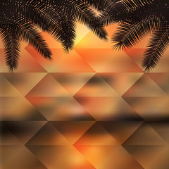 Wall Mural - Sea sunset with palmtree leaves. Polygonal illustration consist of hexagonal elements. Triangular pattern for your summer travel design. Geometric background with gradient. EPS10 vector.