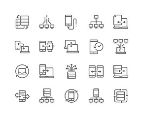 Simple Set of Data Exchange Related Vector Line Icons. Contains such Icons as Phone Backup, Traffic, Sync and more. Editable Stroke. 48x48 Pixel Perfect.
