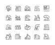 Simple Set of Factories Related Vector Line Icons. Contains such Icons as Truck Terminal, Power Station, Mine, Warehouse, Greenhouse and more. Editable Stroke. 48x48 Pixel Perfect.