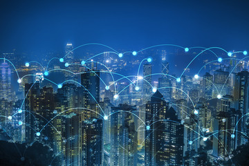 Canvas Print - network connectionin thr city, technology and digital network concept