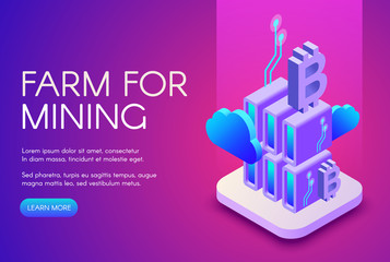 Fototapete - Bitcoin mining farm vector illustration of cryptocurrency and blockchain technology. Digital cloud mine network and communication servers for crypto currency concept on purple ultraviolet background