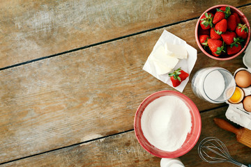 Poster - rustic style set raw ingredients cooking strawberry pie cake wooden background border Eggs flour milk sugar strawberry flat lay top view Bakery background Recipe strawberry pie