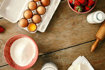 Poster - Frame set ingredients cooking strawberry pie cake wooden background Eggs flour milk sugar strawberry top view Bakery background Recipe strawberry pie Rustic style