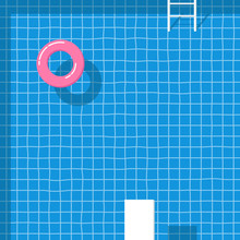 Swimming Pool Float, Pink Ring Floating, White Jump, Water Surface, Texture Tile Pattern Blue On Summer Sunlight, Stair. Flat Lay, Top View Background Poolside. Vector Flat Design Illustration