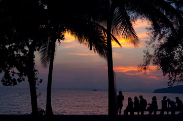 silhouette traveller at sea and sunset