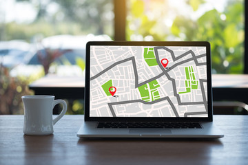 Poster - gps map to route destination network connection location street map with gps icons navigation