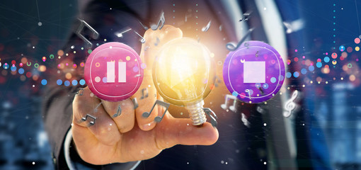 Poster - Man holding a Music button and notes playing  3d rendering