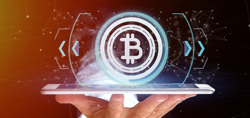 Poster - Man holding a technology Bitcoin icon on a circle 3d rendering