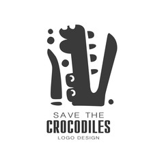 Wall Mural - Save the crocodiles logo design, protection of wild animal black and white sign vector Illustrations on a white background