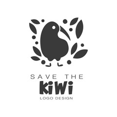 Wall Mural - Save the kiwi logo design, protection of wild animal black and white sign vector Illustrations on a white background