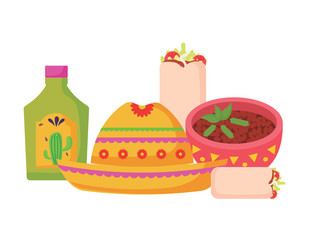 Wall Mural - Mexican hat with mexican food and culture related icons over white background, vector illustration