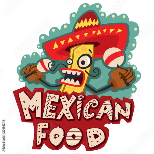 Mexican Food Logo With Burrito In Traditional Clothes In Sombrero
