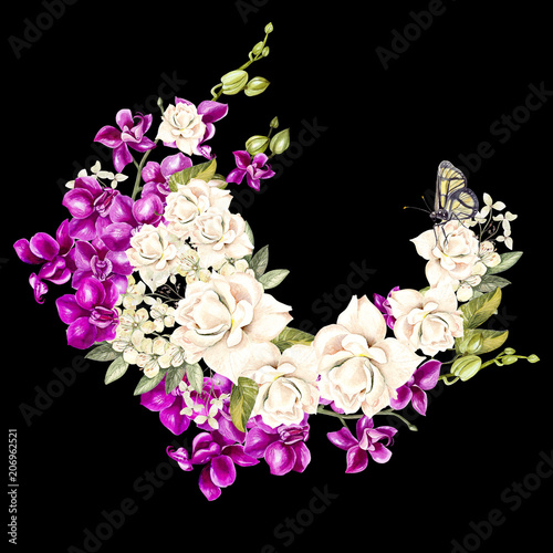 Beautiful, bright watercolor wreath with orchids.