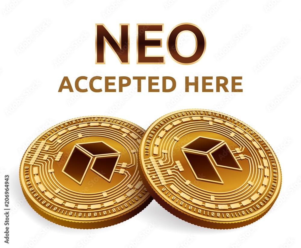 NEO. Accepted sign emblem. Crypto currency. Golden coins with NEO symbol  isolated on white background. 3D isometric Physical coins with text  Accepted Here. Stock vector illustration. Stock Vector | Adobe Stock