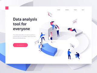 Fototapete - People in a team build a pie chart and interact with graphs. Landing page template. 3d isometric illustration