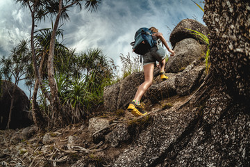 Wall Mural - Woman hiker with backpack climbs steep rocky terrain