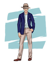 Vector Colorful Illustration Of A Relaxed Trendy Guy Standing In Suit In Front. Handsome Stylish Young Man Wearing Hat And Glasses