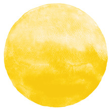Yellow Watercolor Circle Shape Isolated On White. Round Aquarelle Background With Space For Text. Watercolour Stains Abstract Texture. Uneven Edges.
