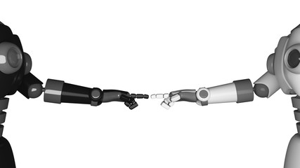 Aufkleber - Robot hands pointing to each other isolated on black background in futuristic technology concept. 3d illustration