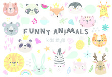 Collection Of Cute Kids Animals With Funny Decorative Elements. Vector Illustration