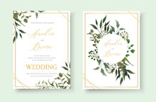 Wedding Floral Golden Invitation Card Save The Date Design With Green Tropical Leaf