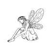 Beautiful young fairy sitting, side view, hand drawn outline doodle sketch, black and white vector illustration