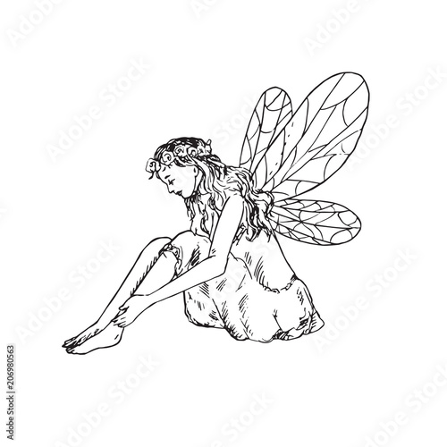 Beautiful young fairy sitting, side view, hand drawn outline doodle
