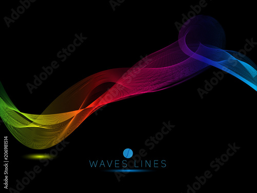 Cuadros en Lienzo rainbow waves on black background colorful light line bright abstract