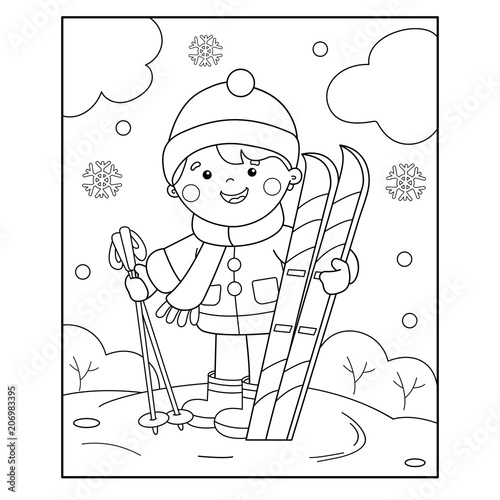 Coloring Page Outline Of cartoon boy with skis. Winter