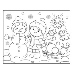 Wall Mural - Coloring Page Outline Of girl with Snowman and Christmas tree. Christmas. New year. Coloring book for kids