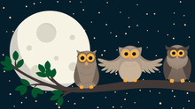 Cute Owls Sit At Branch Under The Moon