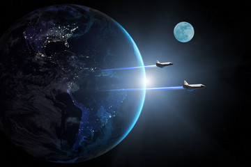 Blue planet Earth. Space shuttles taking off on a mission. Elements of this image furnished by NASA.