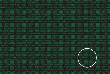 Wall Mural - Computer data by 0 and 1 in green color on dark background. With magnifier and symbol $.