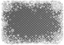 Christmas White Frame Of Snowflakes On Transparent Background. Snowfall. New-Year Winter Background. Vector Illustration.