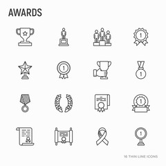 awards thin line icons set: trophy, medal, cup, star, statuette, ribbon. modern vector illustration 