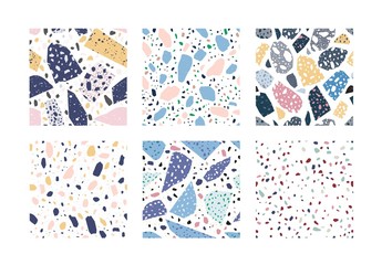 Fototapete - Collection of terrazzo geometric textures. Bundle of seamless patterns with colorful splinters or sprinkles on white background. Creative vector illustration for backdrop, textile print, flooring.