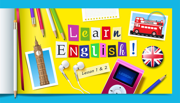 concept of english language courses. learn english word made with carved paper letters, pencils, mp3
