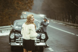 Fototapeta  - vintage style concept. vintage car and couple in love.